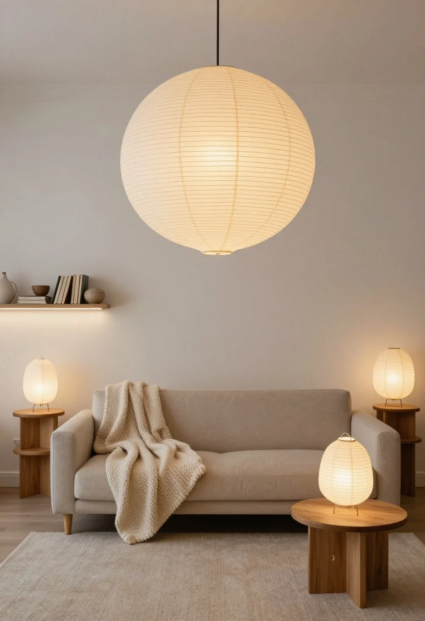 Detail/medium vignette, Scandinavian hygge with paper lanterns: warm white walls, compact oatmeal-toned sofa with tapered legs, chunky knit throw, pale nubby rug; oversized paper lantern pendant hung slightly off-center above seating, glowing softly; two small rice-paper table lamps on staggered-height ash wood nesting tables creating an even, flattering glow; discreet micro-LED strip under a wall shelf haloing ceramics and books; calm Nordic mood; close, intimate framing; natural-warm mixed light.