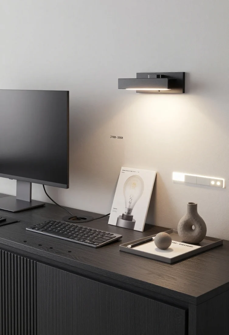 Detail overhead flatlay for FAQ: A 12–16-inch-deep console-style desk surface in dark ash shows a wall-mounted monitor, compact wireless keyboard, and a cable grommet with adhesive raceway discreetly guiding cords. Nearby, a dimmable bulb reference card labeled 2700K–3000K sits beside a small tray holding pen, notepad, and a single sculptural ceramic object. A plug-in sconce arm casts directional task light while an LED strip sample suggests ambient glow. Palette: graphite, mineral grey, soft white, blackened steel accents. Photorealistic, premium finishes, clean and instructive, no people.