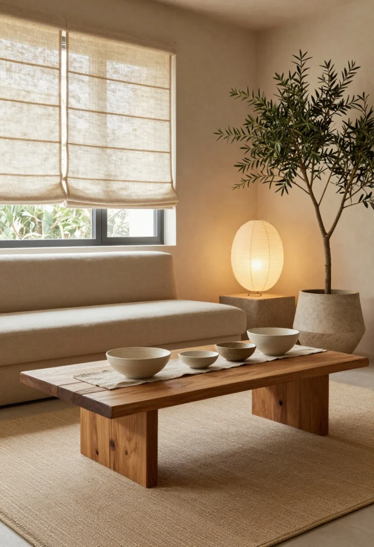 Detail/overhead hybrid: A raw-edge wood bench used as a coffee table, styled with ceramic serving bowls and a linen runner, set over a sand-toned rug. Surrounding context hints at limewash-effect pale clay walls and a low-profile sectional in sand microfiber. Soft daylight filtered through woven Roman shades; a sculptural paper lantern overhead diffuses glow. A matte stone planter with an olive tree visible at frame edge. Elevated organic textures, quiet luxury.
