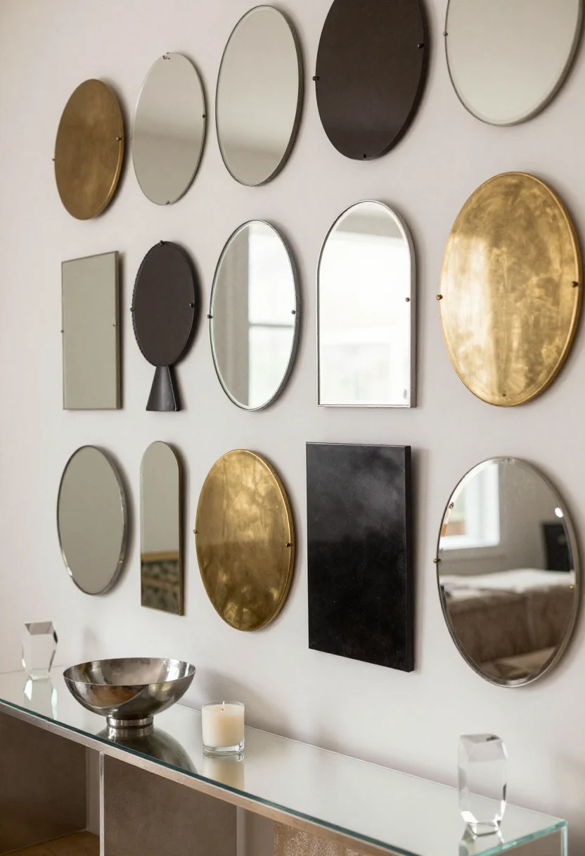 Detail shot focusing on mirror gallery and metallic glow: a wall filled with mismatched antique and modern mirrors—round, oval, rectangular—in mixed metals (brass, pewter, blackened steel) reflecting light; below, a narrow acrylic console nearly disappearing, topped with a single metallic bowl and one candle; a champagne metallic-thread runner peeks at the bottom edge; prism sconces nearby scatter reflections, multiplying the small space; finishes: mixed metals, acrylic, glass; shimmering, luminous ambiance.