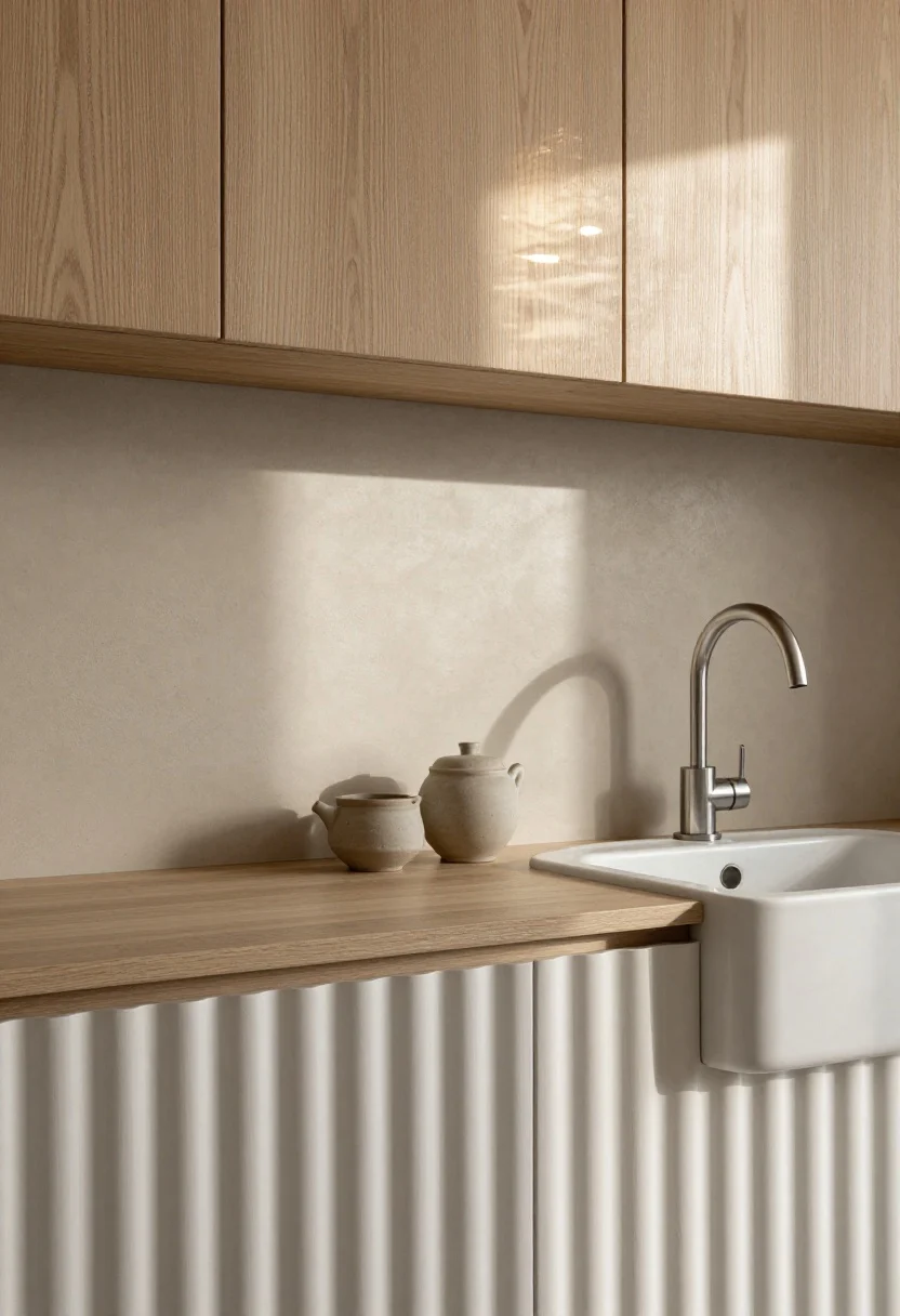 Detail shot, Japandi Calm With Vertical Grain: closeup of vertical white-oak fluted lower cabinet fronts meeting a warm gray-beige microcement plaster backsplash; matte putty upper cabinet edge with no hardware, slim ledge shelf holding a stoneware tea set; rounded composite sink and brushed stainless faucet in frame; soft diffused light from paper lantern pendants creating serene shadows; palette of oak, putty, warm gray, soft stainless; refined textures and vertical rhythm, photorealistic.