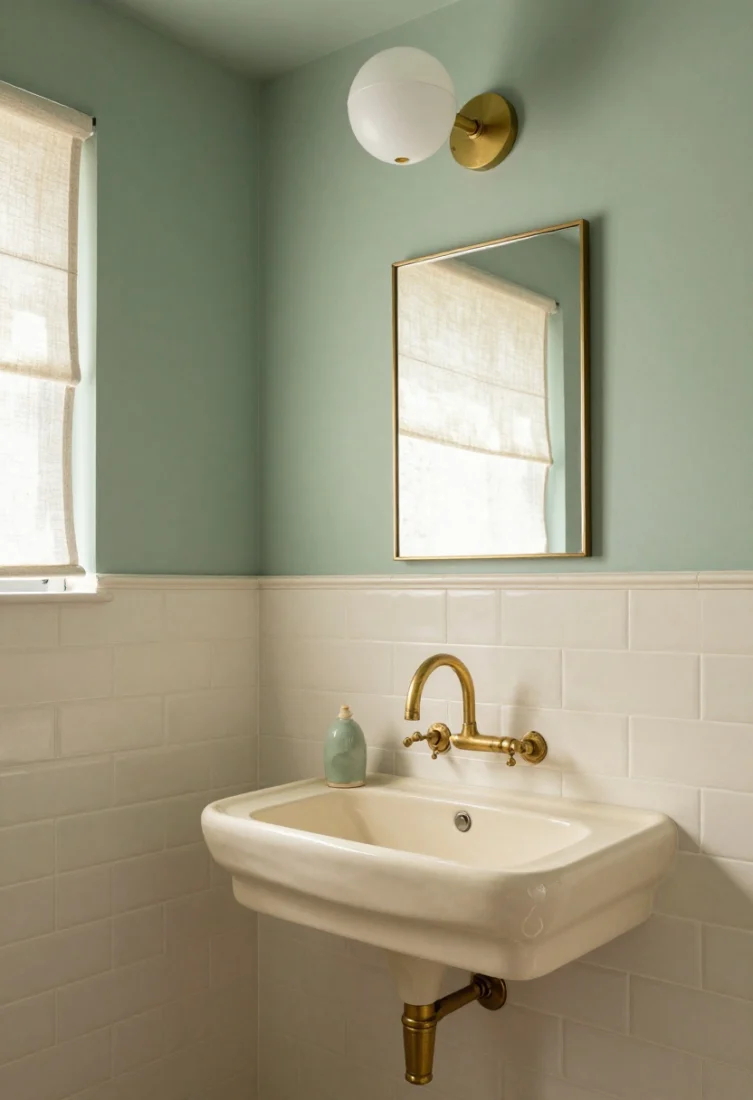 Detail shot of sink wall: Muted celadon walls with cream trim and cream subway tile, a narrow console sink with a cream porcelain basin and slender legs, unlacquered brass faucet and hardware gently patinating. A linen roman shade filters light, with a few ceramic accessories in tonal greens. Ceiling-mounted opal globe glow with a side-mounted picture light over small art. Serene, botanical, and light as air.