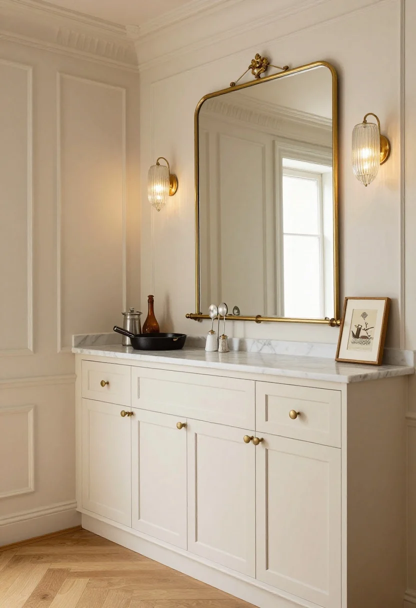Detail shot, Parisian Petite range nook: creamy off-white cabinetry, antique mirror backsplash behind the range with a slender brass rail skirting it; on the rail and nearby, a salt cellar, tasting spoons, and favorite skillet; a marble ledge above holding spices and a small framed art piece; hints of herringbone wood floor and paneled appliance fronts; fluted glass sconce casting gentle warm light; elegant cream, brass, aged mirror palette.