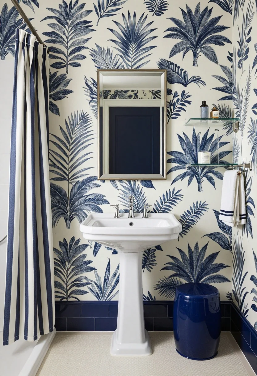 Detail, straight-on vignette of “Bold Pattern, Tight Palette”: oversized botanical wallpaper in ink blue and ivory above a half-height glossy navy tile wainscot with clean cap trim. Simple white pedestal (or console) sink with polished nickel faucet, classic mirror with polished nickel frame centered above. Ivory porcelain floor in tight basketweave, subtly lit to let the walls sing. Slim glass shelves with chrome brackets holding neatly arranged essentials. Ivory towels with navy border and a striped shower curtain echoing wainscot height. A single navy ceramic stool as accent. Photorealistic, balanced lighting emphasizing pattern control.