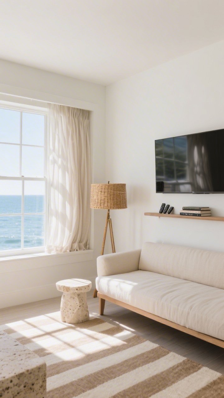 Diagonal medium shot, Window-Ledger Layout With Daybed Flex: sunlit window framed by sheer ripple-fold drapes, low-profile oatmeal linen daybed floated to keep sightlines open, adjacent wall-mounted TV above a skinny wall shelf holding remotes and a small book stack, cream-and-taupe striped rug underfoot, travertine plinth side table, rattan floor lamp warming the corner; bright, modern coastal vibe.