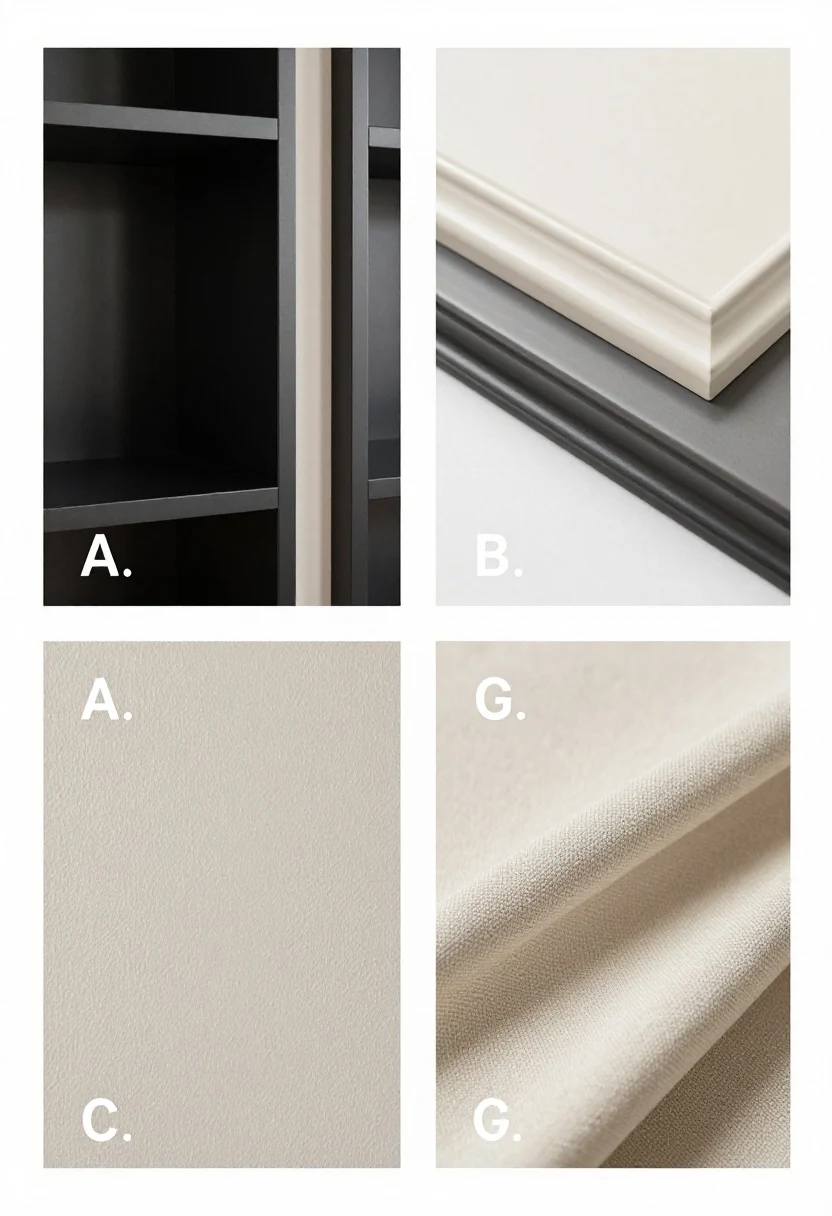 FAQ detail composite: Three tight vignettes blended in one frame—(A) a soft black feature shelf receding with surrounding light furnishings; (B) a wall sample board showing eggshell for walls and satin/semi-gloss for trim catching subtle gleam; (C) a fabric-and-paint swatch set illustrating a tight 2–3 color palette with textural neutrals; clean studio lighting, photorealistic.