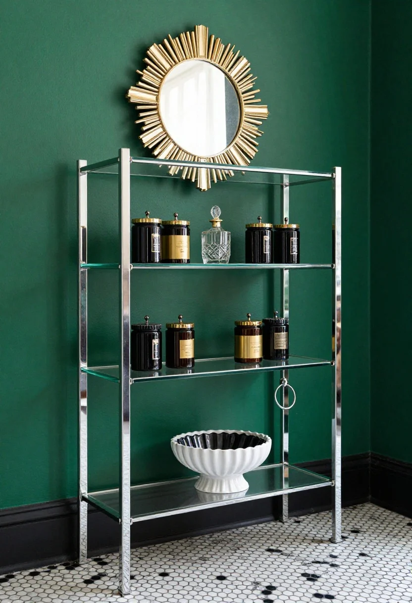 Glamorous closeup of Art Deco shelving: mirrored glass shelves with polished chrome brackets against a deep emerald green wall. Styled with black-and-gold lidded jars, a vintage cut-glass perfume bottle, and a slim sunburst mirror reflected subtly. A glimpse of a petite fluted pedestal sink and scalloped chrome towel ring; black-and-white hex tile floor blurred in the background. Soft, glinting highlights for Deco drama.