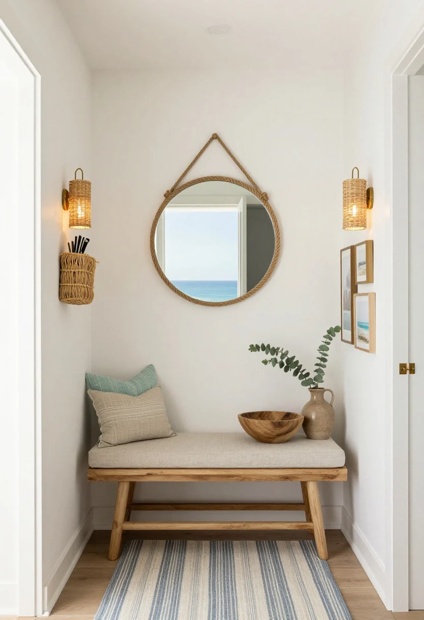 Medium-angle corner view of a coastal, breezy hallway: warm white walls, subtle coastal blue striped runner, bleached wood bench with tapered legs topped with linen cushions in sand and seafoam, woven basket sconces (or rattan pendants) emitting soft ambient light, rope-framed round mirror, seagrass wall basket for keys and mail; style with a driftwood bowl, framed seaside prints, and eucalyptus stems in a stoneware jug; finishes: light oak, rattan, brushed nickel.