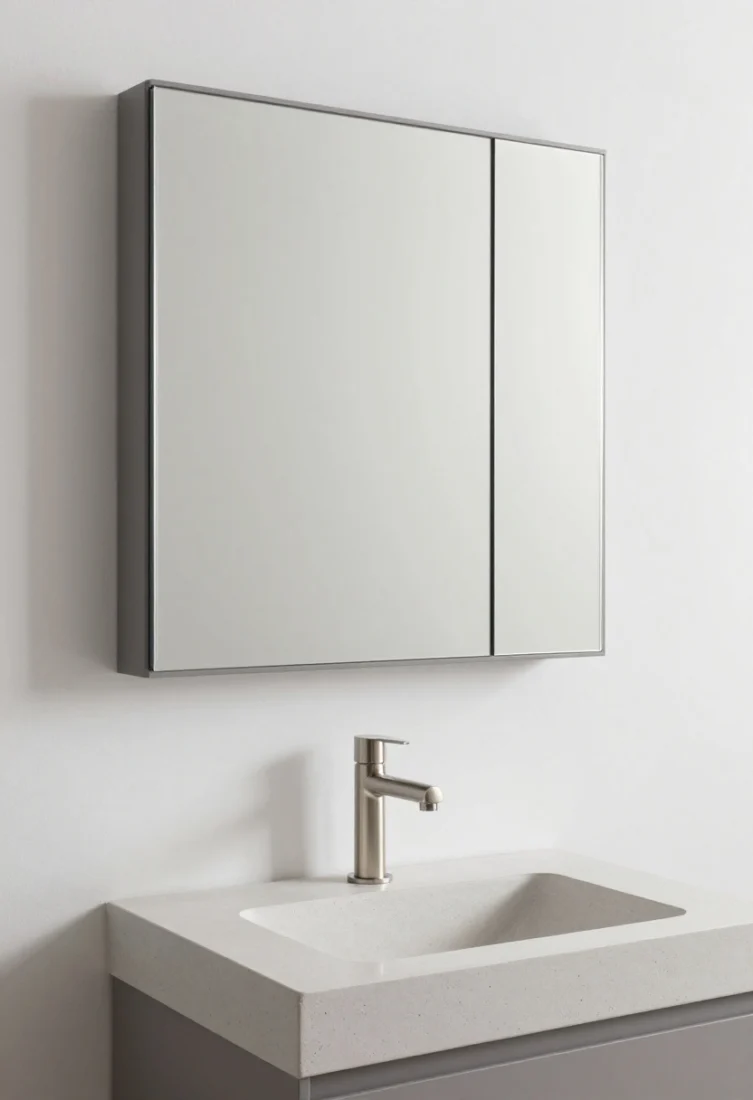 Medium closeup, frontal: A recessed, ultra-flush medicine cabinet that reads as a single mirror pane, edges color-matched in warm grey to disappear. Twin vertical dimmable LED bars flank the mirror for even, true-to-skin illumination. Below, a streamlined wall-mounted tap over an integrated pale concrete composite trough sink keeps the plane uninterrupted. Soft white and brushed nickel accents, seamless storage, premium and uncluttered.