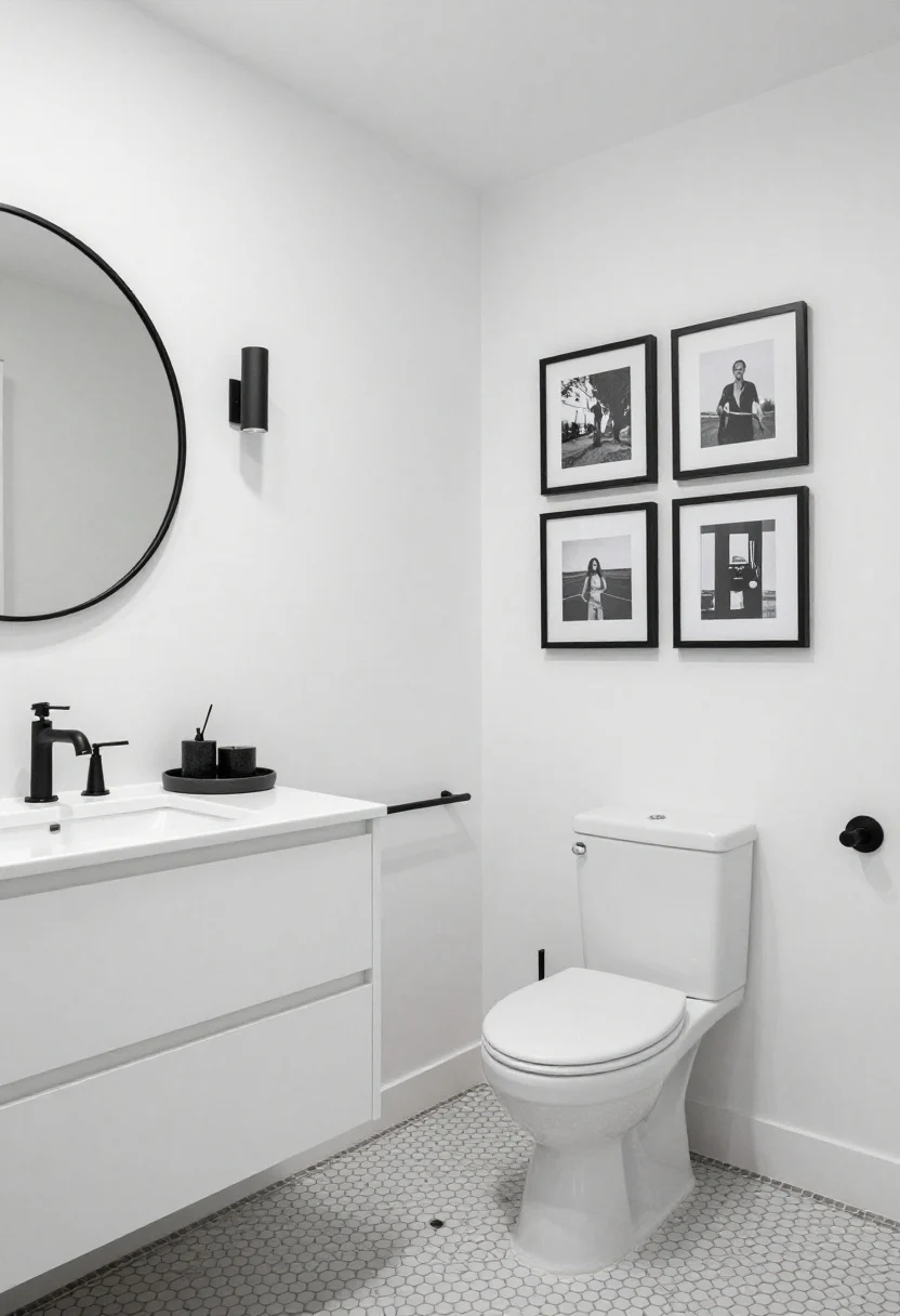 Medium, corner angle of a “Modern Black-and-White Gallery” bathroom: snowy white walls with matte black fixtures (faucet, slim towel rail, shower arm). White floating drawer vanity with integrated sink, graphic black-framed oval mirror softening lines. Floor in mini hex mosaic tile with dark grout. Over the toilet, a tight, symmetrical grid of small black-and-white photographs in thin black frames. Two minimalist matte black tube sconces flanking the mirror. On the counter, a charcoal ceramic tray with candle, hand soap, and match striker. Photorealistic, crisp museum-like lighting with strong black/white contrast.