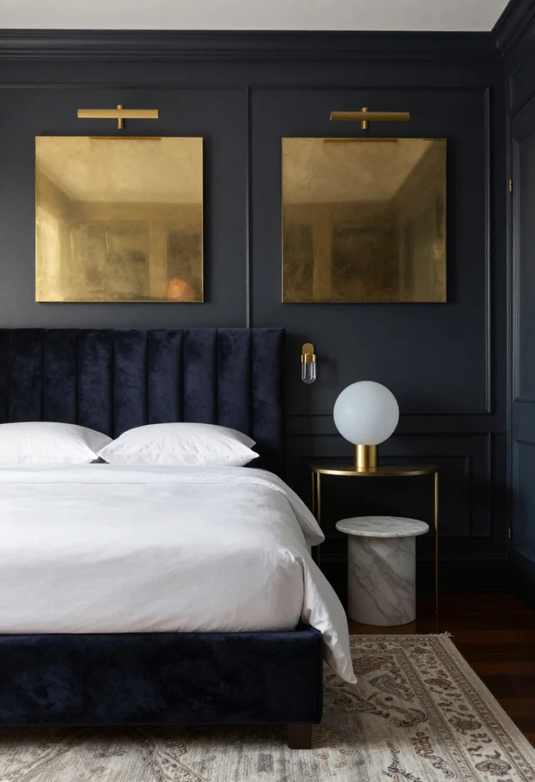 Medium corner angle of a “Noir Cocoon With Brass Glimmer” bedroom wrapped in deep inky charcoal (eggshell) including baseboards and doors: a channel-tufted mohair/velvet headboard in midnight blue, crisp white percale bedding with a graphite coverlet, symmetrical brass picture lights over paired art, petite brass-and-glass sconces, a low-profile frosted-globe flush mount, a slim demilune console as one nightstand and a round marble-topped table on the other, puddled blackout linen panels, and a faded Persian hand-knotted rug; controlled contrast, brass glimmer accents, moody glow, luxe editorial finish.