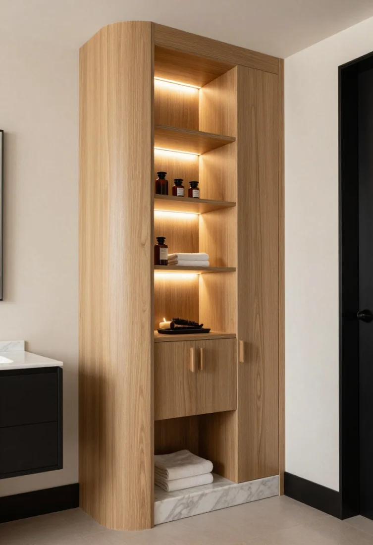 Medium corner angle of a “spa tower niche” beside a vanity: a floor-to-ceiling recessed niche clad in vertical, moisture-resistant light oak veneer grain, closed fingertip-pull doors at the base and open shelves above; shelves softly backlit with warm LED ribbon like candlelight, holding apothecary jars, neatly folded hand towels, and a discreet tray for hair tools; a slim pearl marble threshold at the niche base visually tying to a nearby vanity top; creamy plaster walls, matte black accents; rhythm emphasized by vertical lines drawing the eye upward; luxury editorial mood with disciplined styling and gentle layered light.