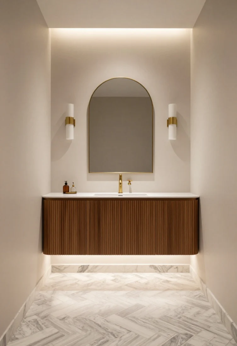 Medium corner angle: Warm greige walls paired with brushed brass fittings, a walnut vanity with ribbed fronts, and a gently arched brass-framed mirror. Herringbone marble mosaic floor introduces subtle movement. Diffused sconce pair flanking the mirror plus toe-kick LED under the vanity for a floating effect. Soft glow, elevated edge, couture detailing, and cohesive greige-brass harmony.