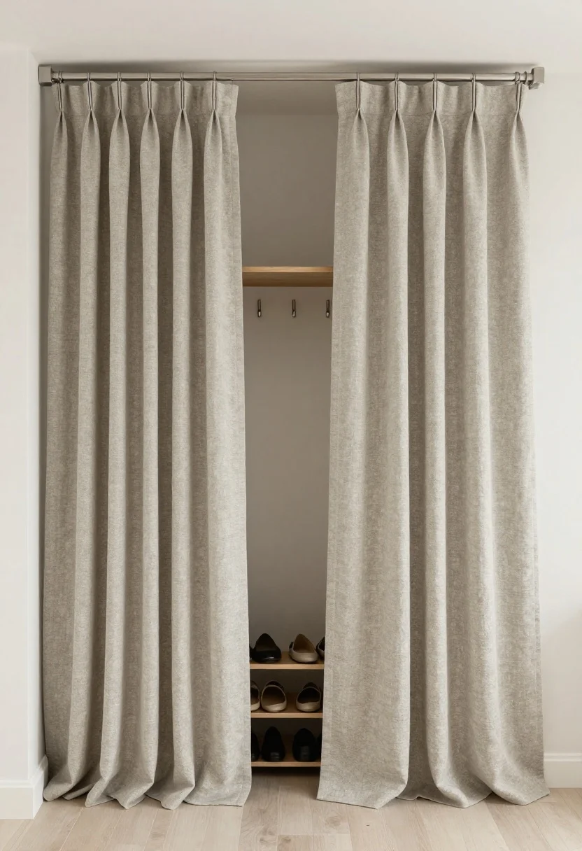 Medium corner shot: a curtain-walled micro mudroom created with a ceiling track and a textured linen curtain in stone-gray or oatmeal, puddling slightly for a tailored look. Inside the curtained zone: a stacked shoe rack, a few hooks, and a wall-mounted shelf. Curtain partially drawn to suggest concealment. Soft, apartment-style lighting, clean and discreet, photorealistic.