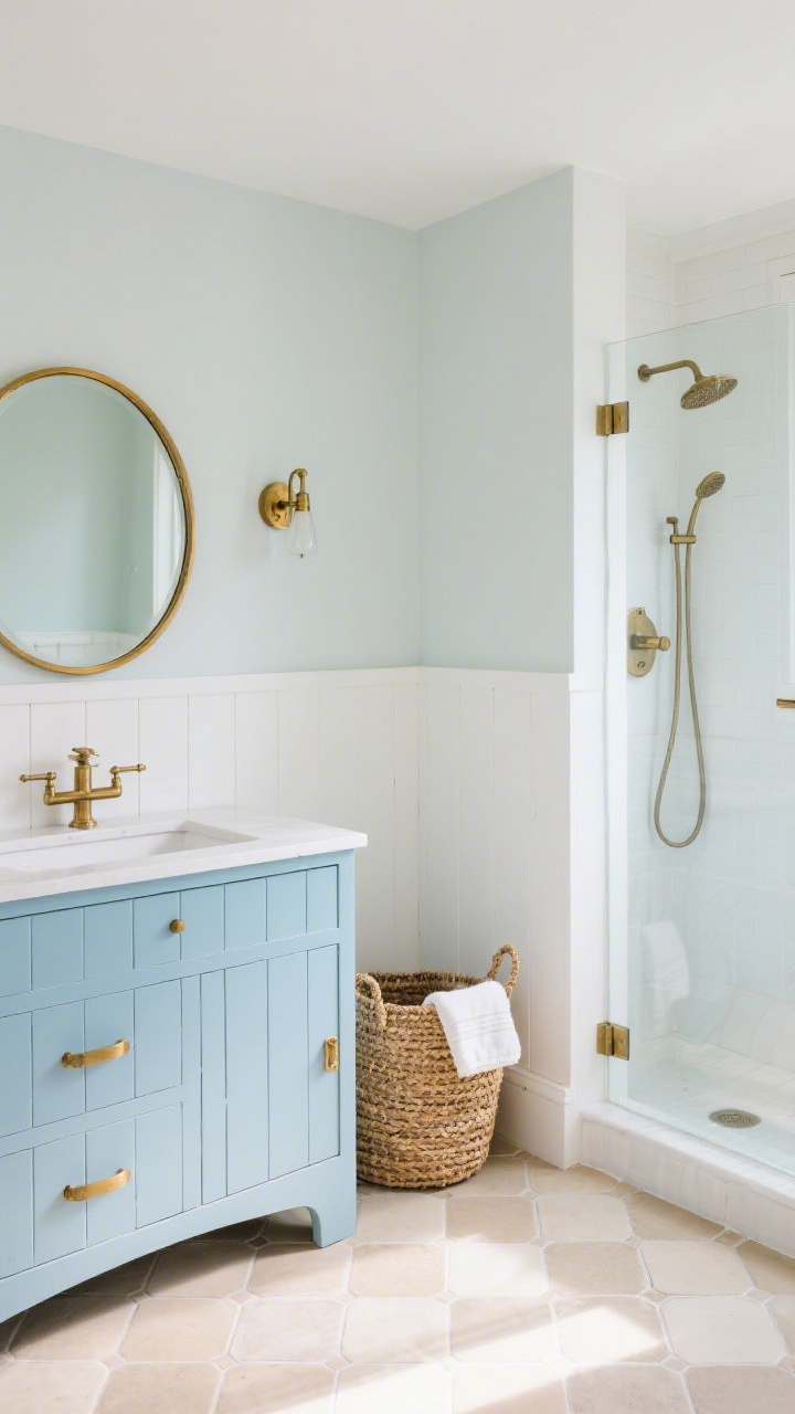 Medium corner shot capturing a coastal capsule: powder-blue beadboard-front vanity with brushed brass hardware, sandy-toned hex tile floor, white shiplap half-height walls topped with smooth eggshell finish; curved corner shower with clear glass; porthole-style brass mirror, petite brass sconce, slim brass pulls; woven seagrass basket with towels; fresh, breezy daylight.