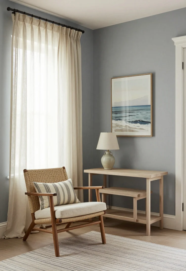 Medium corner shot: Quiet coastal palette with wispy gray-blue walls, cream slipcovered loveseat, and sheer oatmeal curtains that pool slightly. A subtle pinstripe rug grounds the setting. Include a woven accent chair with a single striped lumbar pillow, a pale oak nesting table set for flexible surfaces, a muted-tone seascape artwork, and a ceramic jug lamp on a fluted side table. Soft, serene light; restrained coastal elegance.