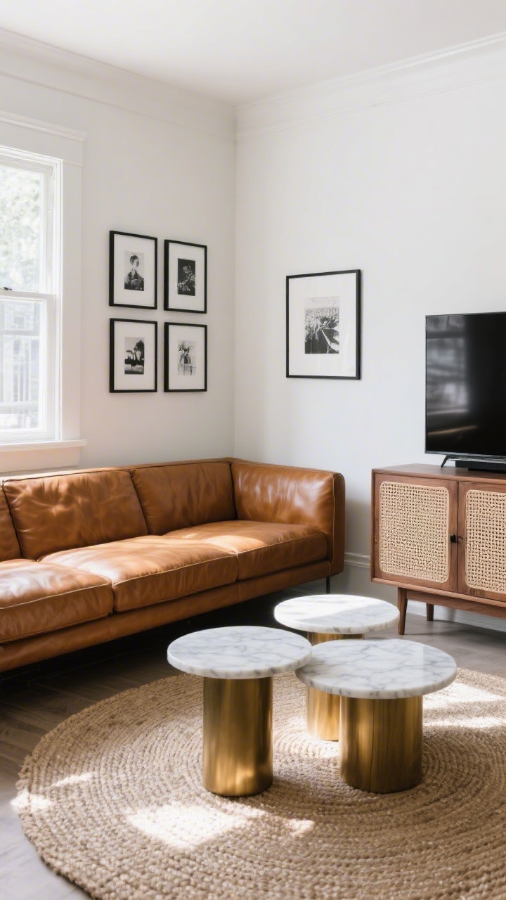 Medium corner view, Cozy Corner Conversation with Gallery Wall: warm caramel leather loveseat tucked into a corner, round marble-topped nesting tables partially spread, opposite wall holds a low walnut cabinet with cane doors supporting a TV, black-and-white gallery wall with thin black frames above sofa, round jute rug softening edges, accents of charcoal, brass, and white; soft afternoon light, intimate and inviting.