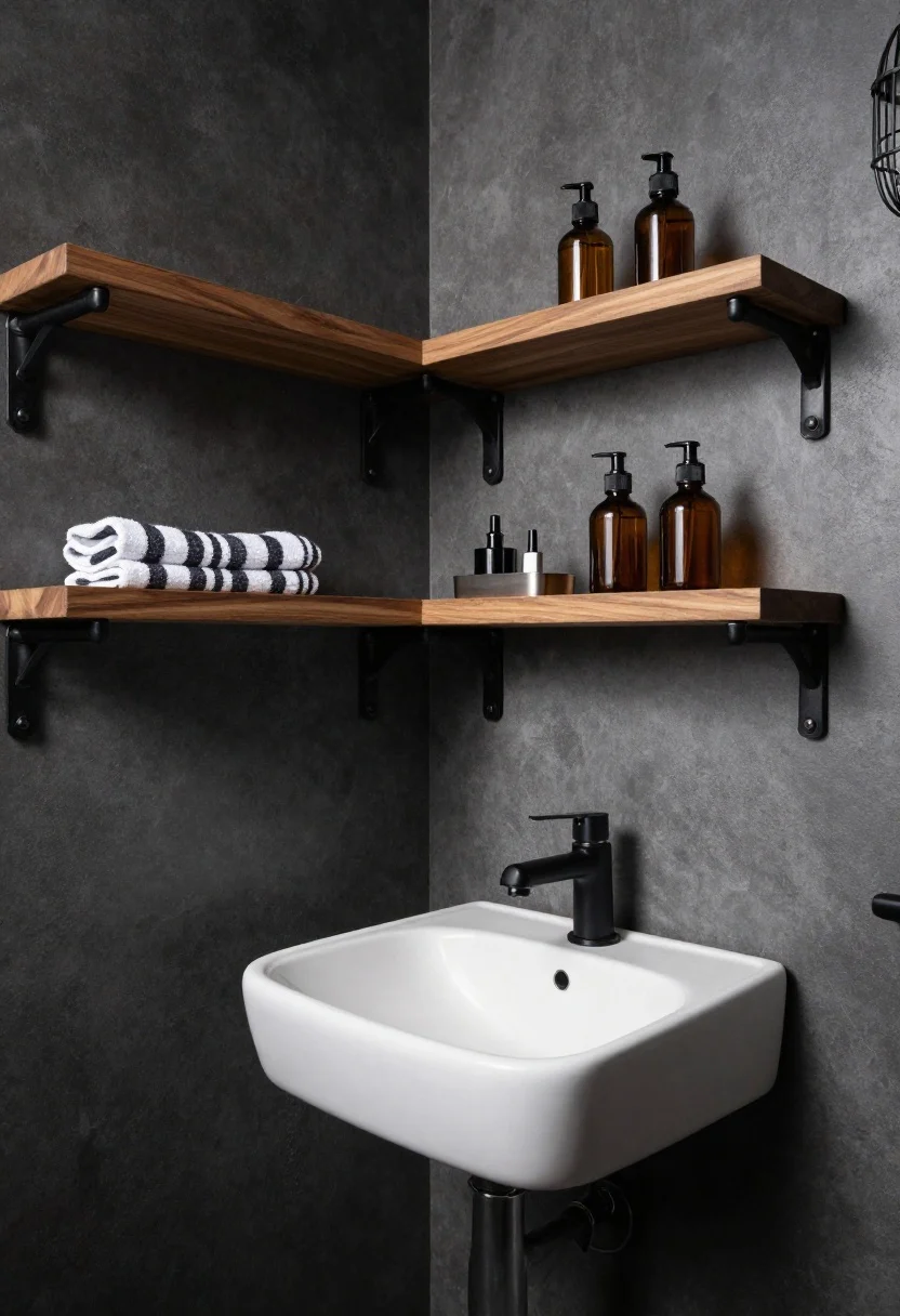 Medium corner view of an industrial bathroom vignette: black iron pipe brackets supporting chunky walnut shelves over a compact pedestal sink, against a charcoal accent wall with a subtle concrete-look texture. Style shelves with amber glass apothecary bottles, a folded black-and-white striped towel, and a small steel tray for daily essentials; include a caged sconce and matte black faucet. Moody, directional lighting with intentional negative space between items.