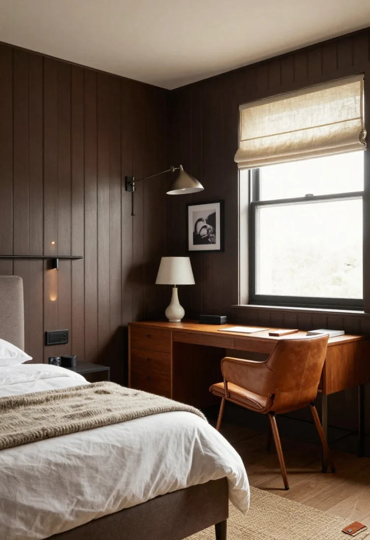 Medium cozy corner view: A luxe cabin-inspired alcove wrapped in vertical tongue-and-groove paneling stained deep espresso, with a bed nestled lengthwise and layered with crisp white sheets and a heathered wool blanket. Adjacent stands a classic secretary desk in matching tone; its drop-front open as a work surface, styled with a small alabaster table lamp and tidy stationery. A leather sling chair in saddle tan provides supple contrast. Lighting layers include a metal-shaded swing-arm sconce over the desk and tiny recessed pin spots illuminating the paneled alcove. A sisal or jute rug bound in leather sits underfoot, with a linen Roman shade at the window and a matte-black picture rail displaying black-and-white photography. Palette: espresso, saddle tan, ivory, matte black, alabaster. Warm, intimate, editorial polish, no people.