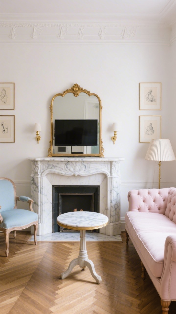 Medium frontal shot, Parisian Petite With Marble Mantel Moment: TV mounted just above a creamy white vintage-style faux mantel topped with a slim marble shelf, antique gold mirror leaning on the mantel, delicate brass picture lights over framed sketches; opposite a soft blush tufted sofa with turned wood legs and petite arms, tiny round marble bistro table as coffee table, herringbone parquet-look vinyl floors, pale blue cushions, pleated lampshade; refined, softly lit elegance.