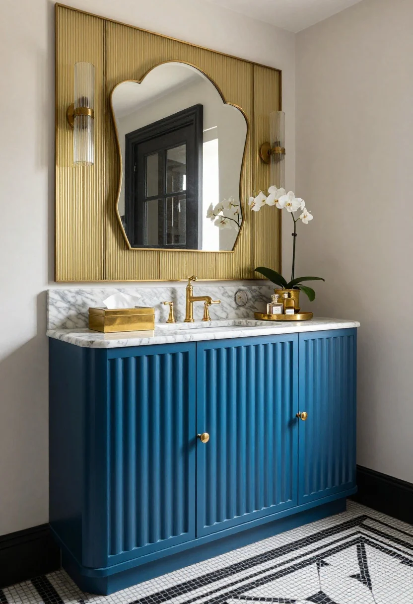 Medium glamour shot of a narrow vanity with deep peacock blue fluted front panels, an edge-detailed marble counter, and a curved marble backsplash. Above, a scalloped brass mirror with ribbed glass sconces on each side. Black-and-white marble mosaic floor in classic Deco pattern. Polished brass faucet, emerald hand towels, a perfume tray, brass tissue box, and a tiny orchid. Slightly dramatic, high-contrast lighting to enhance luxe vintage sheen.