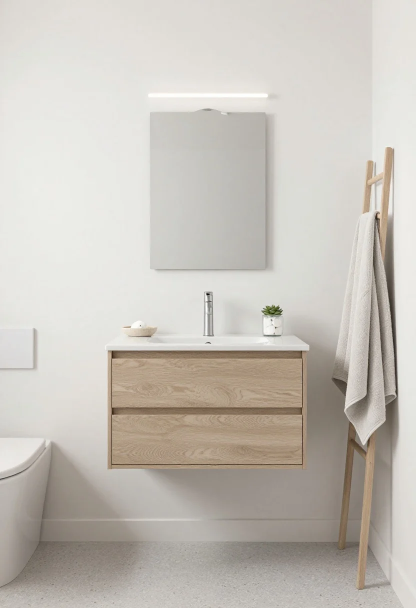 Medium, minimalist view of “Soft Scandinavian Serenity”: warm white walls, light gray terrazzo floor with small tight speckle. Compact floating vanity in bleached ash with integrated finger pulls, topped by a thin-edged rectangular mirror with rounded corners. Minimal matte nickel faucet, narrow natural-wood ladder rail holding soft cotton towels, wall-hung toilet for clean lines. Lighting: linear LED above the mirror and a tiny ceiling puck. Accessories restrained: stoneware soap dish, clear glass jar of cotton pads, tiny succulent. Photorealistic, soft even daylight, calm and orderly.