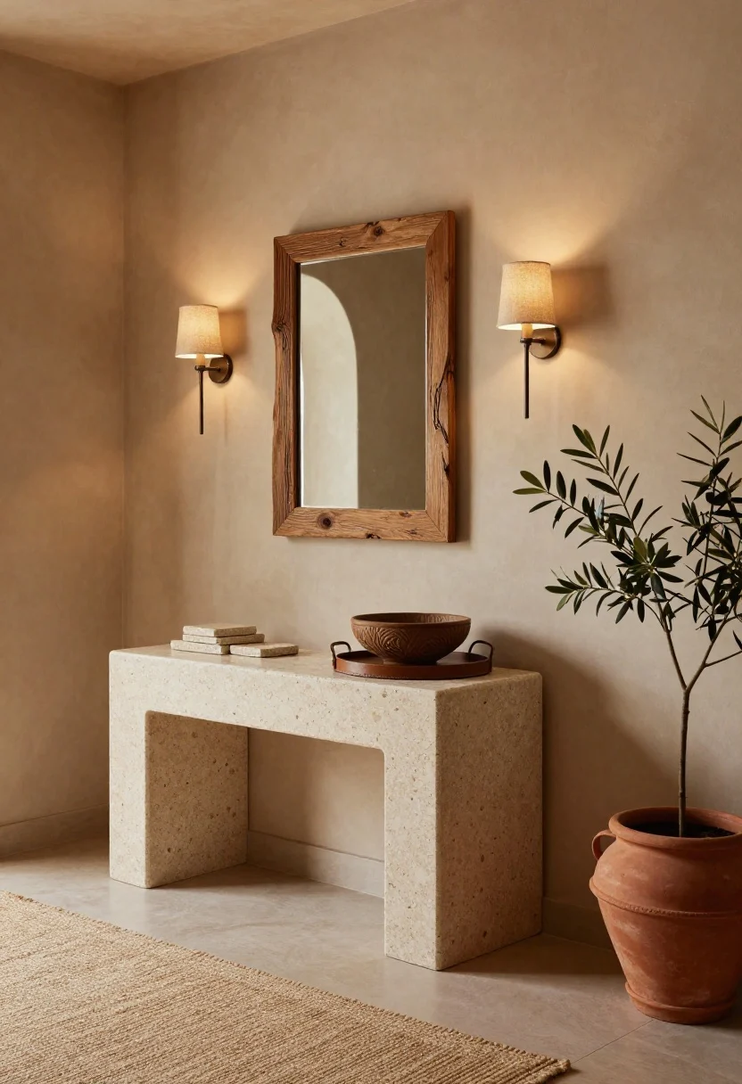 Medium, moody Earthy Modern scene: walls in light clay/warm mushroom, a chunky travertine (or stone-look) console with tactile edges; on it, stone coasters and a carved bowl alongside a leather valet tray; iron sconces with linen shades cast warm light; a raw-edge wood mirror above; terracotta flat-weave runner grounds the floor; a terracotta pot with olive branches in the corner; finishes: terracotta, travertine, blackened iron; cozy, mineral palette.