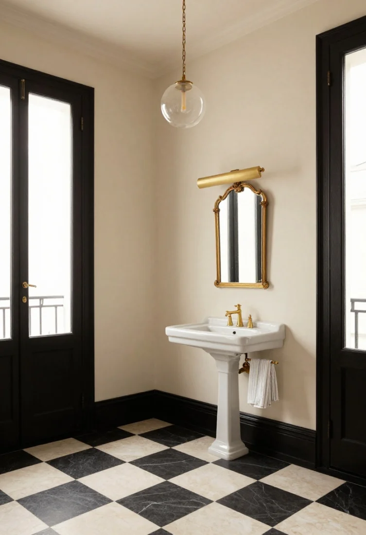 Medium, Parisian-inspired vignette: Warm ivory walls with soft black floor and black window trim, a slim pedestal sink, and a gilded vintage-style mirror. Brass picture light over the mirror and a petite chandelier overhead create layered ambience. Checkerboard stone floor in black and ivory reads elegant, with pinstripe towels as refined texture. Intimate yet bright, graphic restraint with antique brass accents.