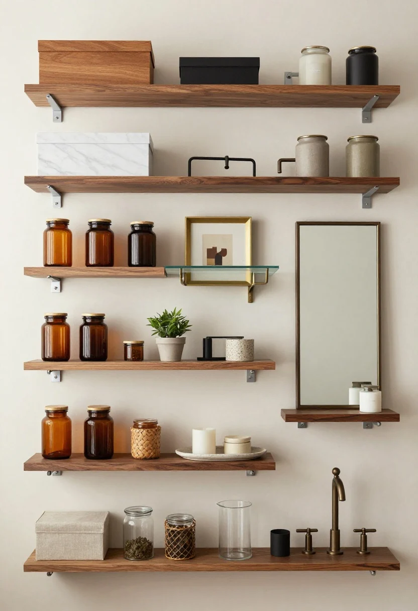 Medium product-styled composition on a neutral wall: an assortment mix-and-match buy list displayed together—floating shelves in maple, walnut, marble, and glass; brackets in matte black, brass, chrome, and iron pipe; containers like amber apothecary jars, linen boxes, woven baskets, and glass canisters; accents including framed art, small plants, candles, and stoneware trays; coordinated faucet, mirror frame, and shelf brackets. Even, catalog-like lighting; no people.