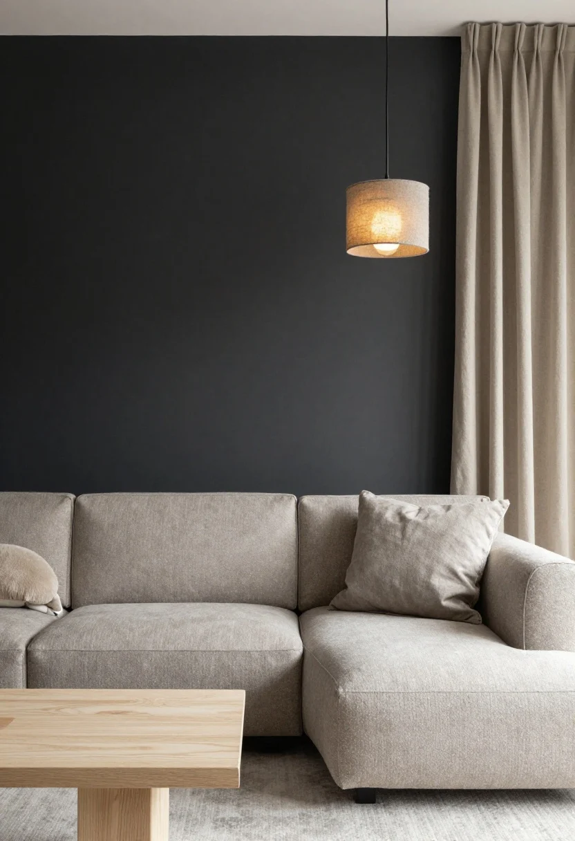Medium shot: A single soft black feature wall behind the sofa with surrounding mushroom neutrals—taupe-gray upholstery, oatmeal curtains; warm, diffuse lighting from a linen drum pendant with frosted bulbs; a boucle pouf and pale oak end tables add texture and lightness; moody yet balanced, photorealistic.