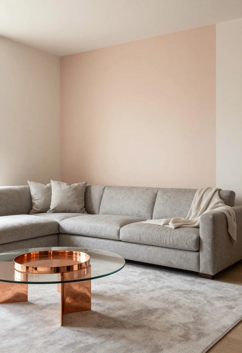 Medium shot: Airy blush walls casting a warm glow, a stone gray sofa and pale gray rug to ground the space; rose gold/copper accents including a copper tray on a smoked-glass side table; gauzy throw draped lightly; white ceiling reflecting blush for extra lift; soft, luminous lighting, photorealistic.