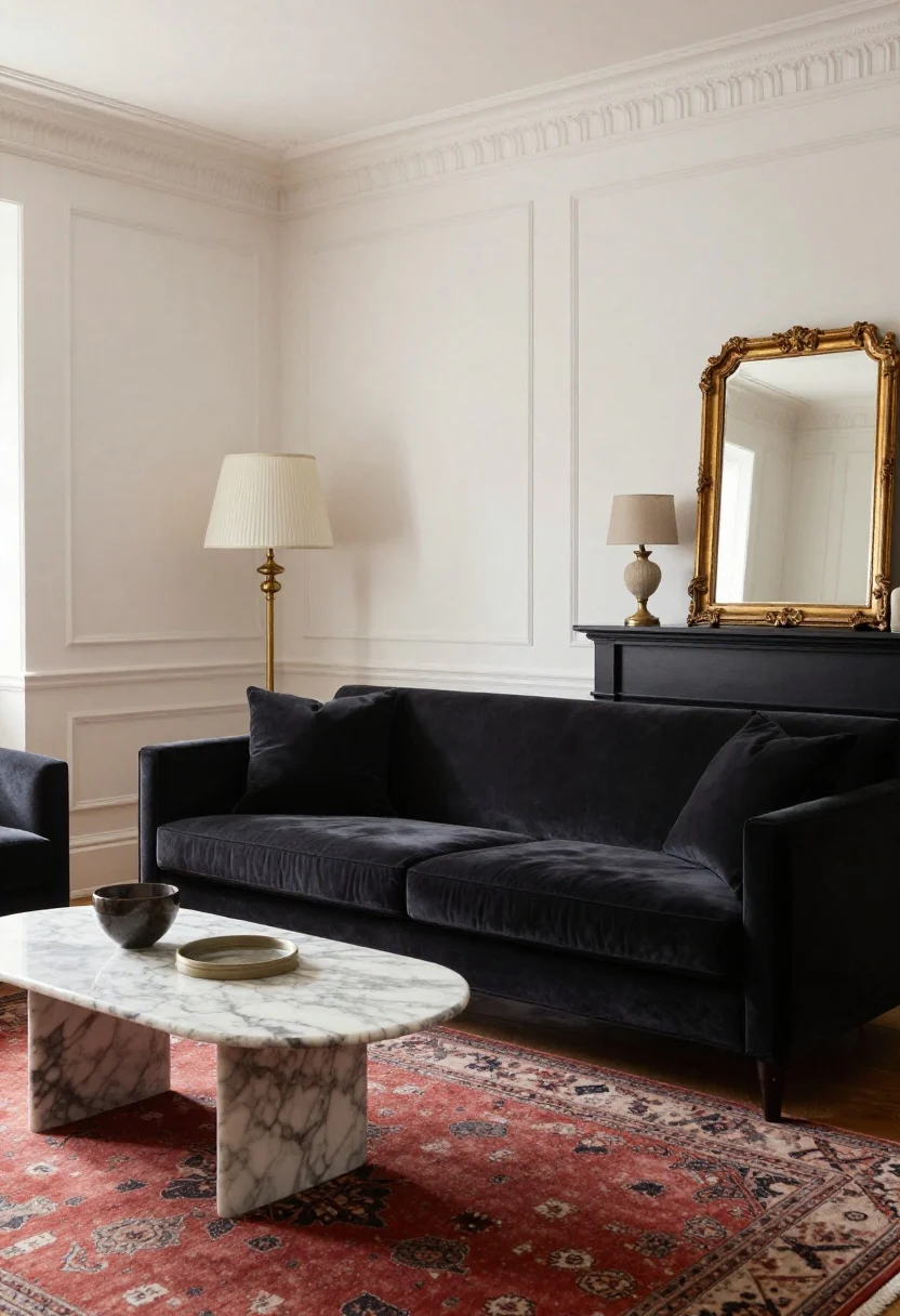 Medium shot, angled corner view: “Parisian Petite” living room with warm white walls featuring stick-on molding panels, a petite charcoal velvet sofa, a marble-topped bistro table used as a coffee perch, and a vintage-style gilded mirror leaning on a mantle-like console. Lighting includes a brass-base lamp with a pleated shade and a small fabric-shaded sconce. A faded Turkish rug in blush reds anchors the floor; subtle black accents maintain chic balance. Romantic, cozy ambiance with soft, flattering light.