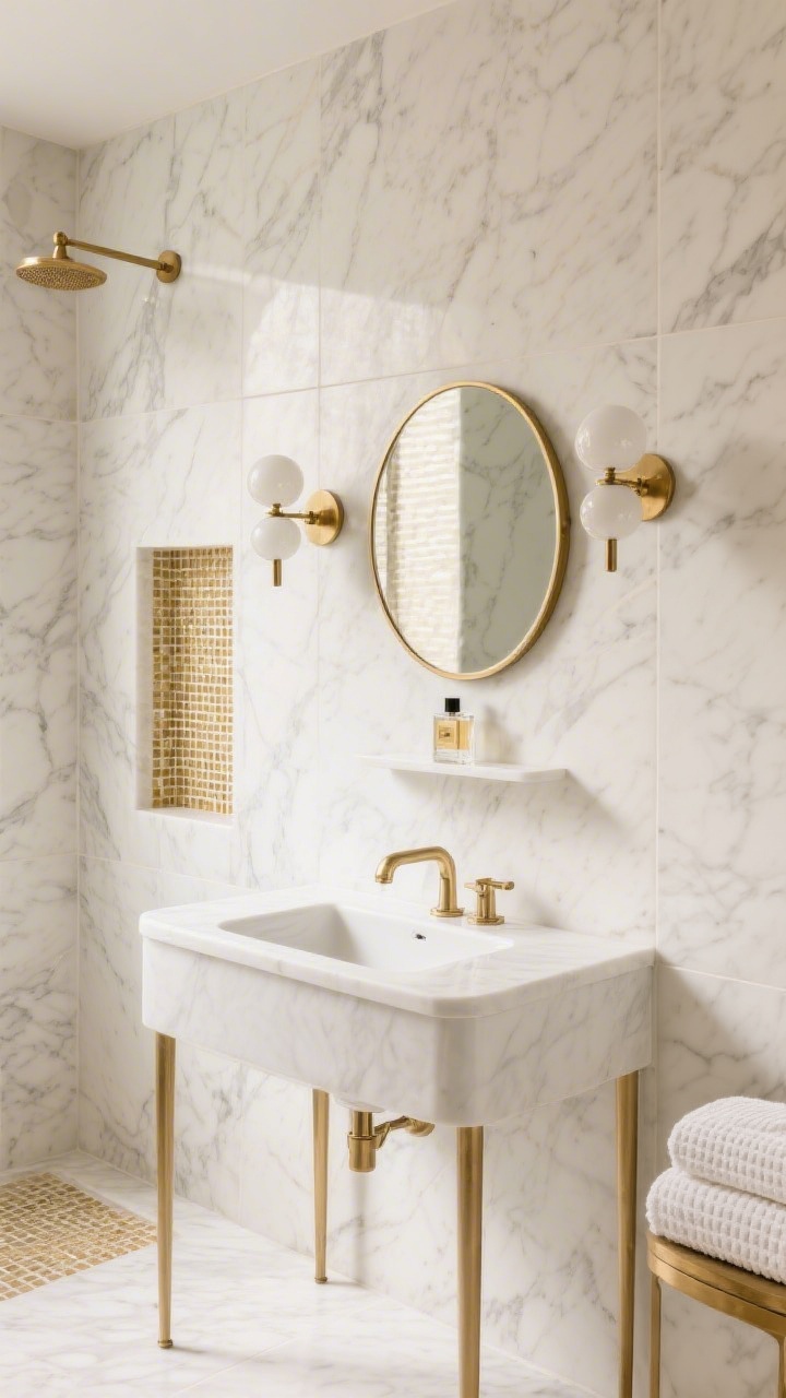 Medium shot angled toward a shower wall wrapped in veined marble-look porcelain with a recessed niche lined in tiny brass-trimmed mosaic tiles; a compact white console sink with delicate brass legs in the foreground, round brass mirror above, globe sconces flanking it, a tiny micro-shelf under the mirror holding perfume bottles; palette of white marble, brass, soft cream; plush white waffle towels folded nearby; elegant hotel-chic mood.