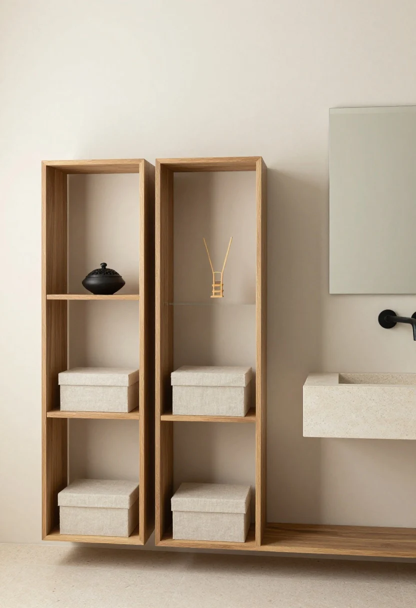 Medium shot, asymmetric composition beside a vanity mirror: three asymmetrical oak cube shelves (one vertical, two horizontal) staggered on soft ivory walls, creating negative space and calm rhythm. Contents: linen-covered boxes, a black ceramic incense holder, and a petite bamboo brush set. Floors are light porcelain stone; include a matte black wall-mounted faucet for crisp contrast; soft, diffused natural light for a Japandi serenity mood.