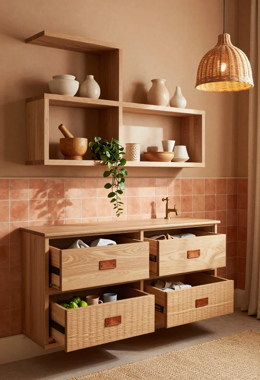 Medium shot, Boho Warmth shelving and drawers: clay-toned walls, oak floating box shelves styled with stacked stoneware, a teak mortar and pestle, and a tiny trailing pothos; terracotta tile backsplash; below, deep drawers open to reveal woven basket “drawers within drawers” labeled with leather tags, storing produce, linens, and kids’ cups; jute runner on the floor, matte brass tap, rattan pendant casting warm, sun-drenched light; earthy, layered textures.