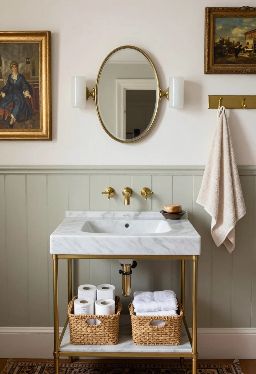 Medium shot capturing a narrow marble-topped washstand on slim brass legs with an open rail shelf holding woven baskets of TP and towels. Above, a petite oval pivot mirror is flanked by milk-glass sconces. Lower walls feature pale sage beadboard, upper walls crisp white. Warm brass taps, a small Persian-style runner on the floor, plus an oil painting in a gilded frame, a brass hook rail with hanging hand towel, and a vintage soap dish for refined cottage elegance. Warm, diffused lighting.
