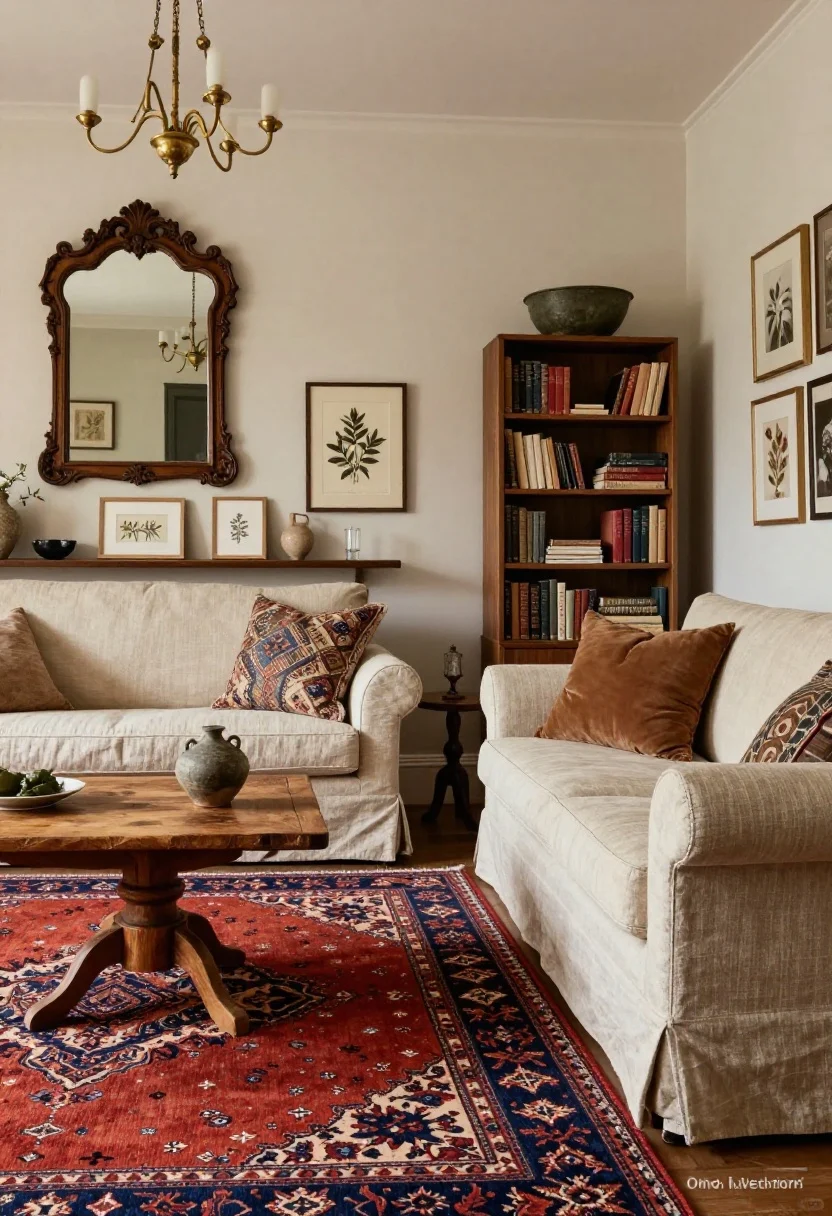 Medium shot, collected vignette: “Old-World Collectors’ Nook” featuring a rich vintage hand-knotted rug in reds/indigo/rust, a petite English roll-arm sofa in flax linen, and a worn-wood pedestal side table with a small pottery piece. A carved mirror hangs above a slim bookcase stacked with treasures; framed botanicals lean on a picture ledge. Petite brass chandelier overhead. Rug-led palette with rust, indigo, olive, parchment. Warm, timeworn textures, softly lit.