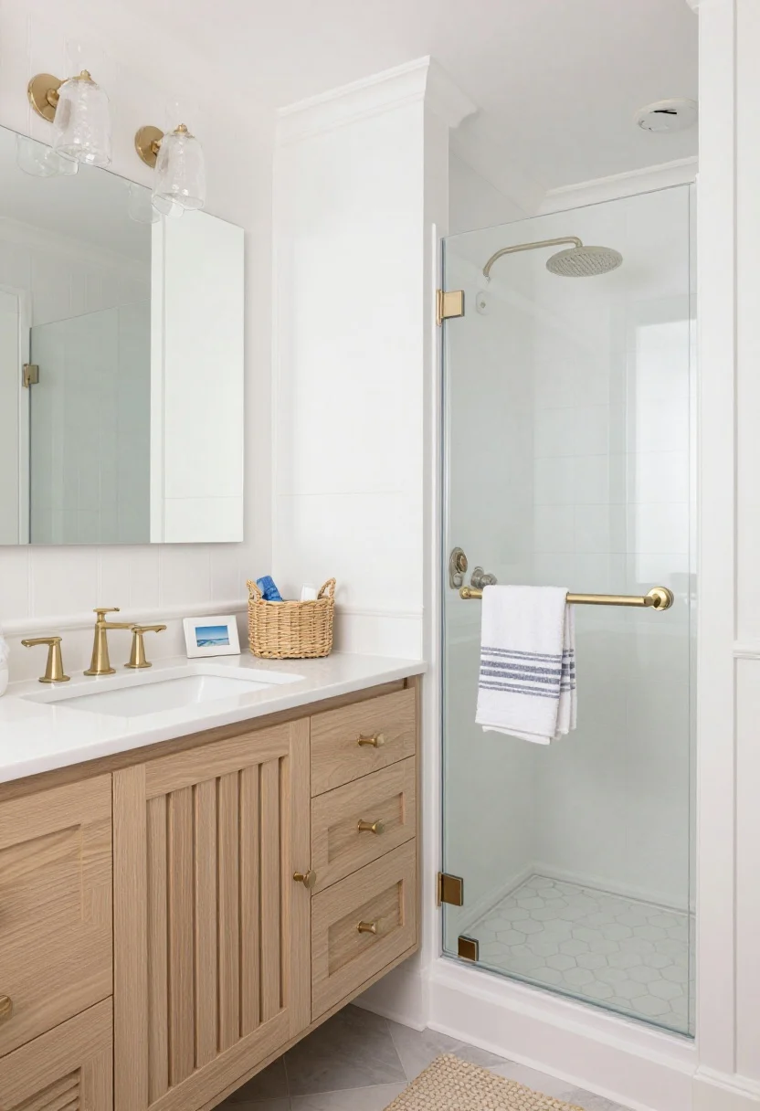 Medium shot, corner angle: Coastal crisp bathroom featuring white beadboard wainscoting with satin white walls above, a light oak vanity with louvered doors, and brushed nickel hardware; a clear glass shower door opens to white hex floor tiles; a woven basket, striped Turkish towel, and a small framed coastal photograph add subtle nautical hints; clear glass sconce shades sparkle softly.
