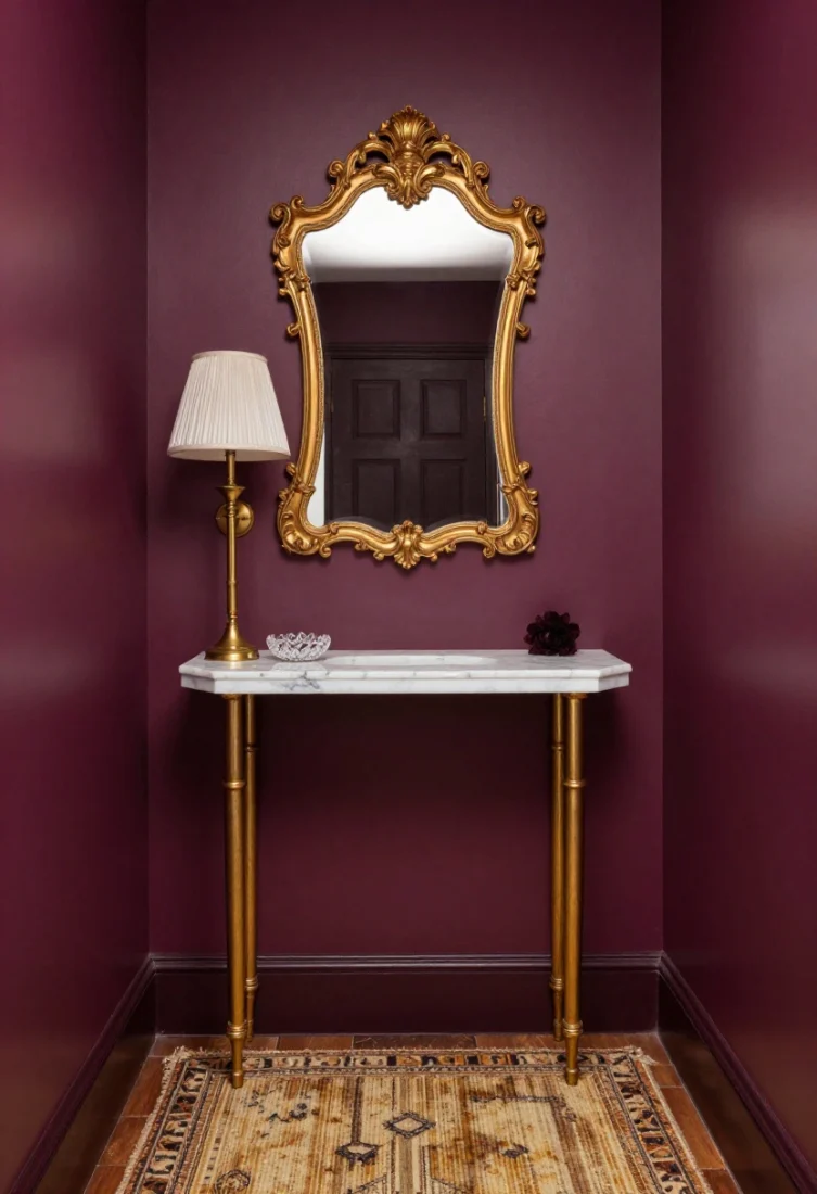 Medium shot, dramatic straight-on: A tiny powder room with moody aubergine walls and a single ornate gilt baroque mirror as the focal point. A petite Calacatta marble console sits below, paired with a single aged-brass sconce with a pleated silk shade. A deep rug underfoot anchors the gold’s warmth; accessories are edited to a crystal soap dish and a single dark bloom. High-contrast, jewel-box atmosphere with opulent finishes and polished restraint.