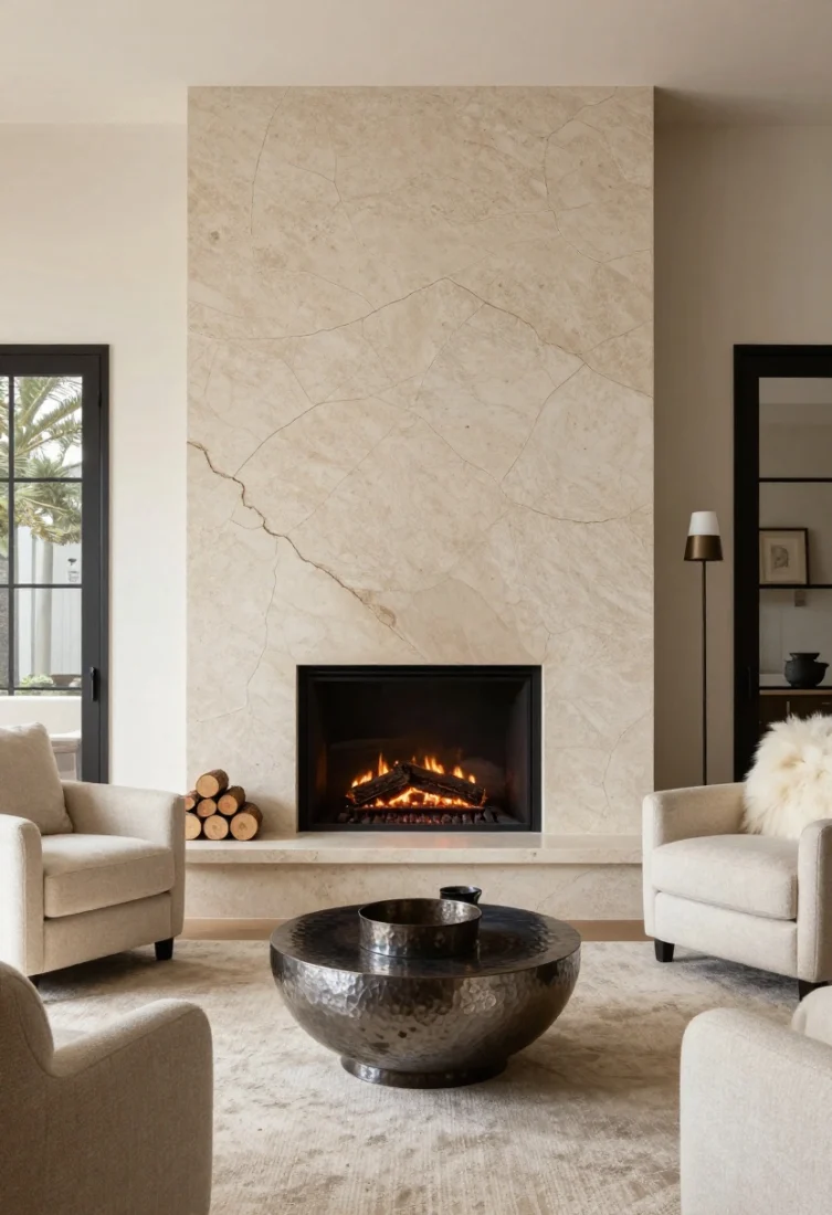 Medium shot facing the hearth: An off-center fireplace resolved with intentional asymmetry—directly opposite, a deep loveseat; on the longer side, a single oversized lounge chair; on the shorter, a petite slipper chair; between them, a tall architectural floor lamp bridging the imbalance; custom irregular cleft-limestone hearth extension doubling as a low bench, styled with stacked logs and a hammered steel bucket; palette of warm stone, soot, ivory, and oxford blue; materials include hammered metal, velvet, and shearling; subtle firelight and accent lighting for a luxe, balanced tension.