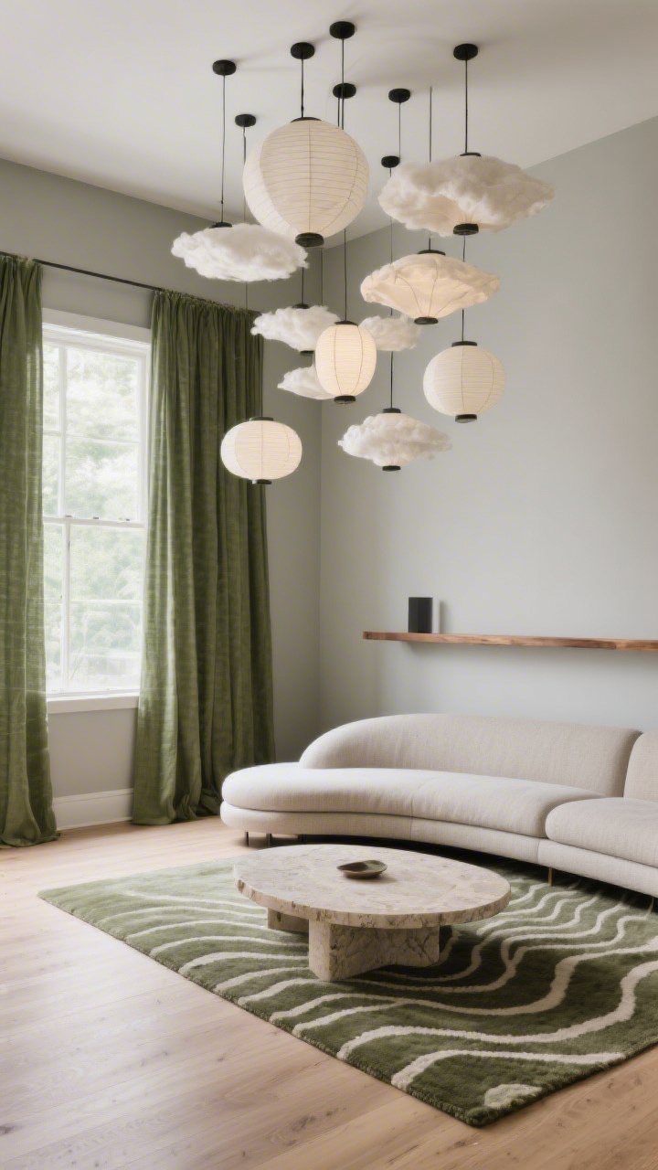 Medium shot, flowing side angle: Organic modern space with greige walls and light oak floors, a curved sectional hugging the long wall, and a kidney-shaped travertine coffee table; a wave-patterned wool rug beneath, olive green linen drapery framing windows; a slim oak media ledge along the opposite wall; overhead cluster of paper lantern pendants drifting down the room like floating clouds; calm, natural daylight.