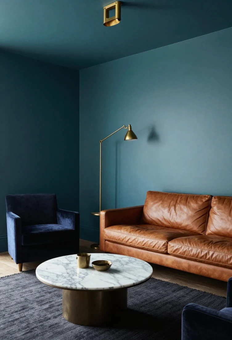 Medium shot from a corner: A moody jewel-box living room painted saturated blue-green, grounded by a charcoal flatweave rug. A compact camel leather loveseat faces a round marble-topped coffee table. Overhead, a flush-mount brass fixture; on the wall, two aged-bronze swing-arm sconces casting layered light. In the corner, a midnight velvet slipper chair. High-contrast textures (velvet, leather, marble, metal), cozy night ambiance with editorial polish.