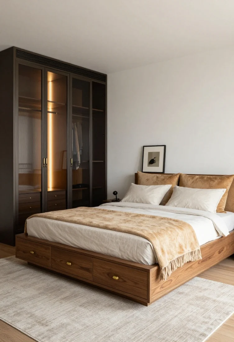Medium shot from an off-center angle: An elevated daybed on a raised ebonized oak plinth with three wide under-stage drawers facing the longest wall, styled with a continuous camel mohair back cushion and oversized bolsters for a lounge-by-day vibe. Opposite stands a tall gallery wardrobe with dark bronze frames and reeded glass doors, boutique-lit inside with warm LED strips to softly obscure contents. An asymmetrical neutral rug, offset toward the daybed, grounds the composition; a small picture light highlights two grounded art pieces leaning above the daybed. Include patinated brass pulls, layered lighting, and luxe textures for an aspirational, high-end editorial look.