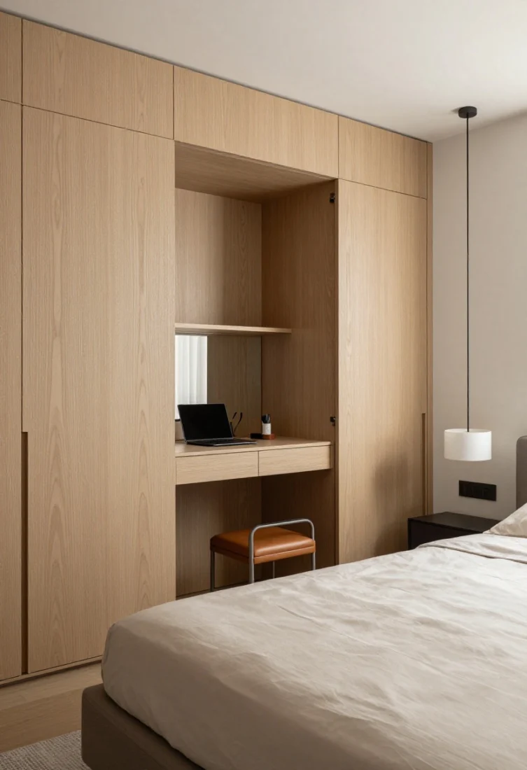 Medium shot from bed perspective: A bespoke wardrobe wall with full-height painted-oak vertical fluting and discreet edge pulls conceals a desk bay. The doors are open to reveal a pull-out work surface, interior task LEDs, and shallow drawers neatly holding a laptop and stationery. Opposite, a low platform bed with almond sateen sheets and taupe cashmere layers remains calm and tailored. At the foot of the bed, a small leather-strap bench adds utility without bulk. A smoked mirror on the wardrobe end panel reflects light, visually widening the room. Over the bedside, a petite alabaster drum pendant replaces a table lamp to conserve surfaces. Palette: soft taupe, almond, putty, smoked mirror, alabaster. Editorial, softly lit, premium finishes, no people.