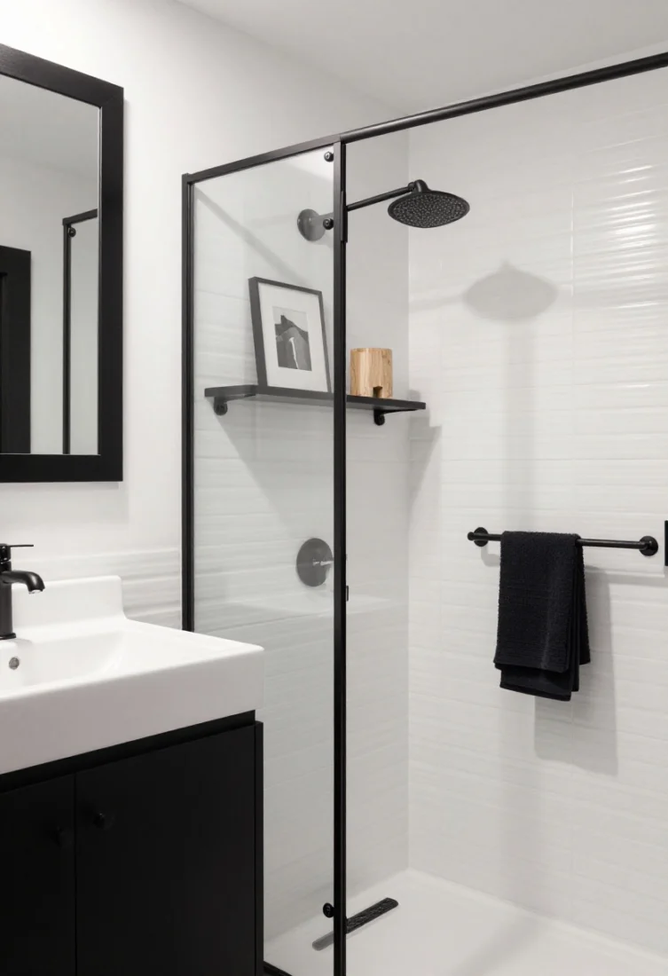 Medium shot from corner: High-contrast monochrome bath with gallery-white walls and a black steel-framed shower screen; white lacquer vanity with integrated sink, skinny black-edge mirror above; ribbed/fluted white shower tile catching shadow; powder-coated black shelf brackets holding a single oak stool or folded linen hand towel as the warm accent; small black-and-white art piece; precise, fine grout lines; crisp, evenly lit with subtle shadows; premium, editorial mood.
