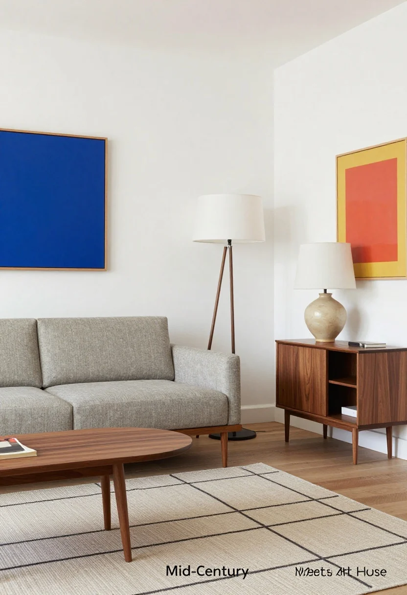 Medium shot, gallery-cool: “Mid-Century Meets Art House” featuring walnut wood furniture with tapered legs, a compact slate MCM-style sofa, a kidney-shaped coffee table, and a tripod floor lamp. White walls display colorful art in cobalt, mustard, and coral. A sculptural ceramic lamp on a walnut side table; a flatweave rug with simple geometric pattern ties it together. Retro yet refined, crisp daylight.