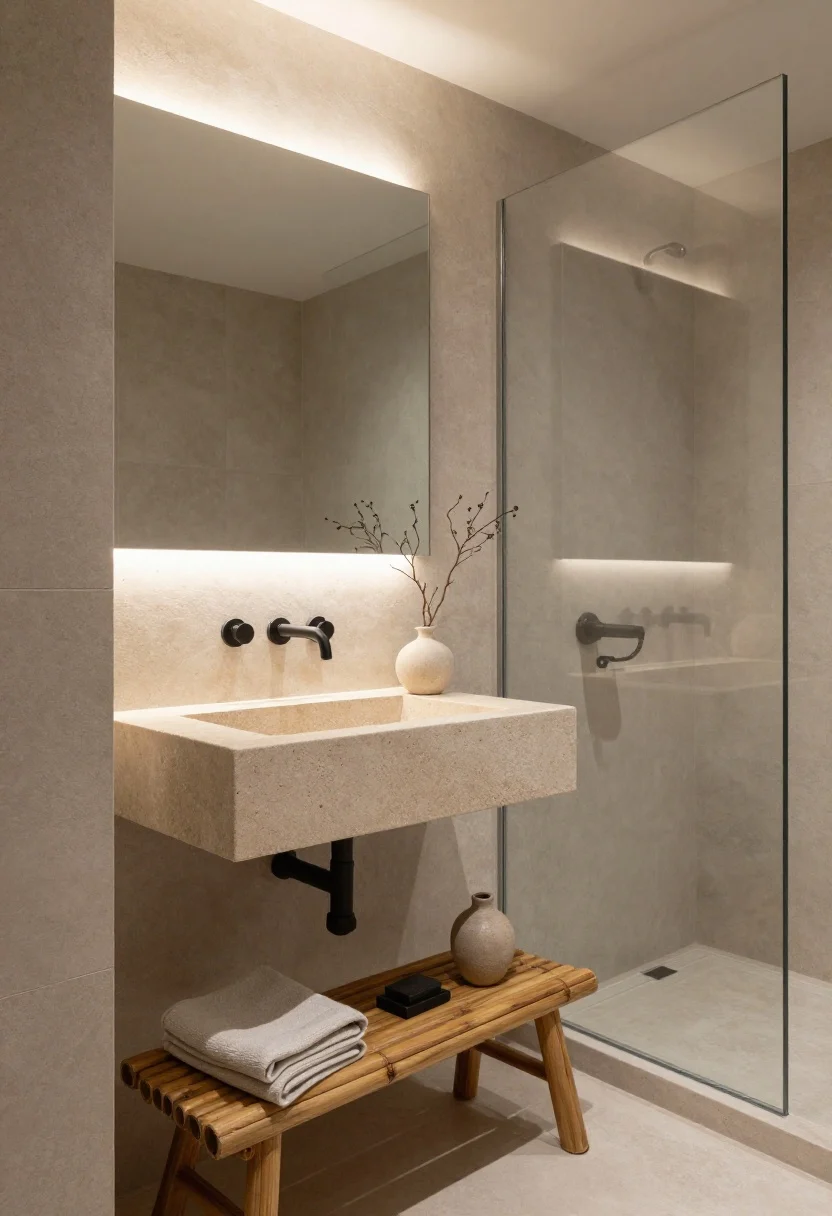 Medium shot: Japandi small bathroom with greige raked-plaster walls, a floating pale limestone trough sink lit by a soft low-glow LED strip underneath, and matte black wall-mounted taps; a clear frameless glass shower panel reveals large-format stone-look porcelain minimizing grout lines; a single bamboo stool holds a folded linen towel and a black soap bar; one sculptural branch stands in a simple ceramic vase, the overall mood hushed and serene.
