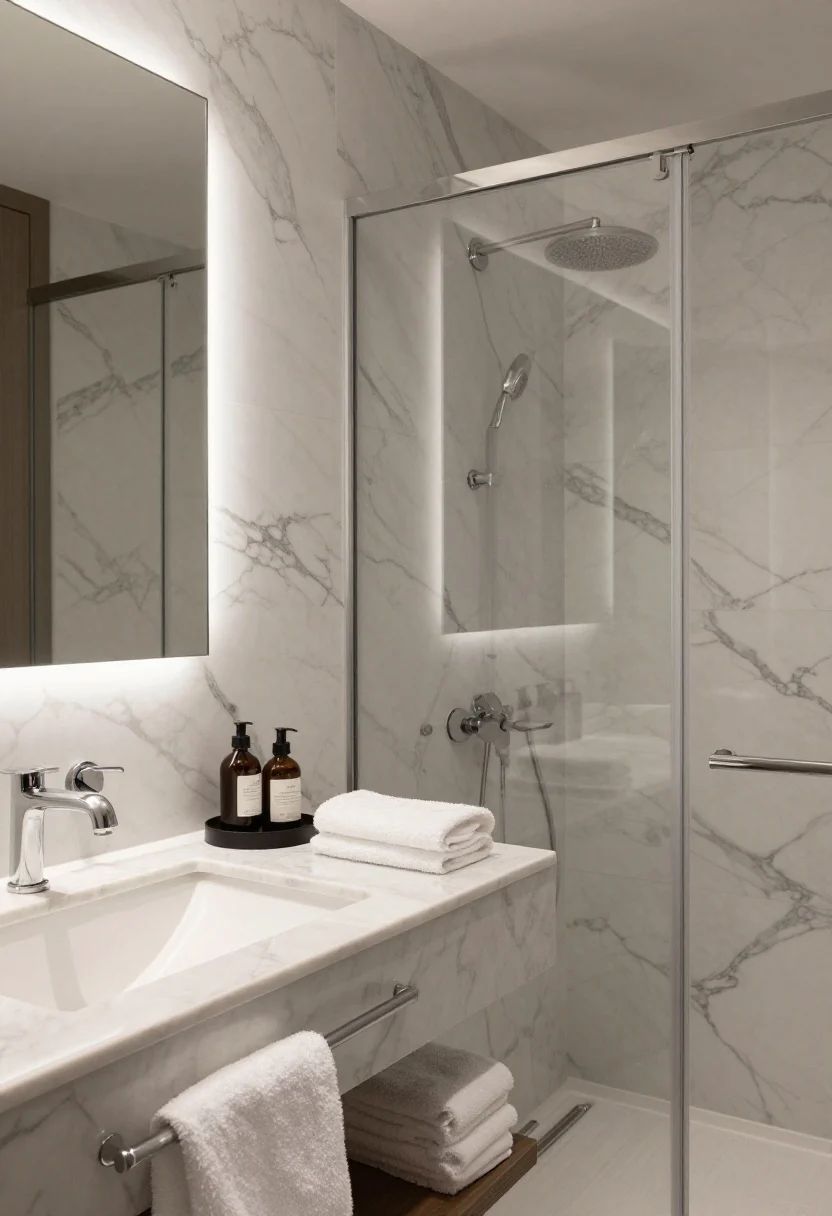 Medium shot, linear composition: Minimal luxe hotel bathroom featuring calacatta-look porcelain slabs on shower walls, a slim white vanity topped with a thin-edge marble countertop, and polished nickel fittings; a rectangular mirror with integrated lighting aligns perfectly with a linear towel bar; on the counter, a single tray organizes hotel-style bottles; plush white bath rug and thick white towels exude quiet luxury.