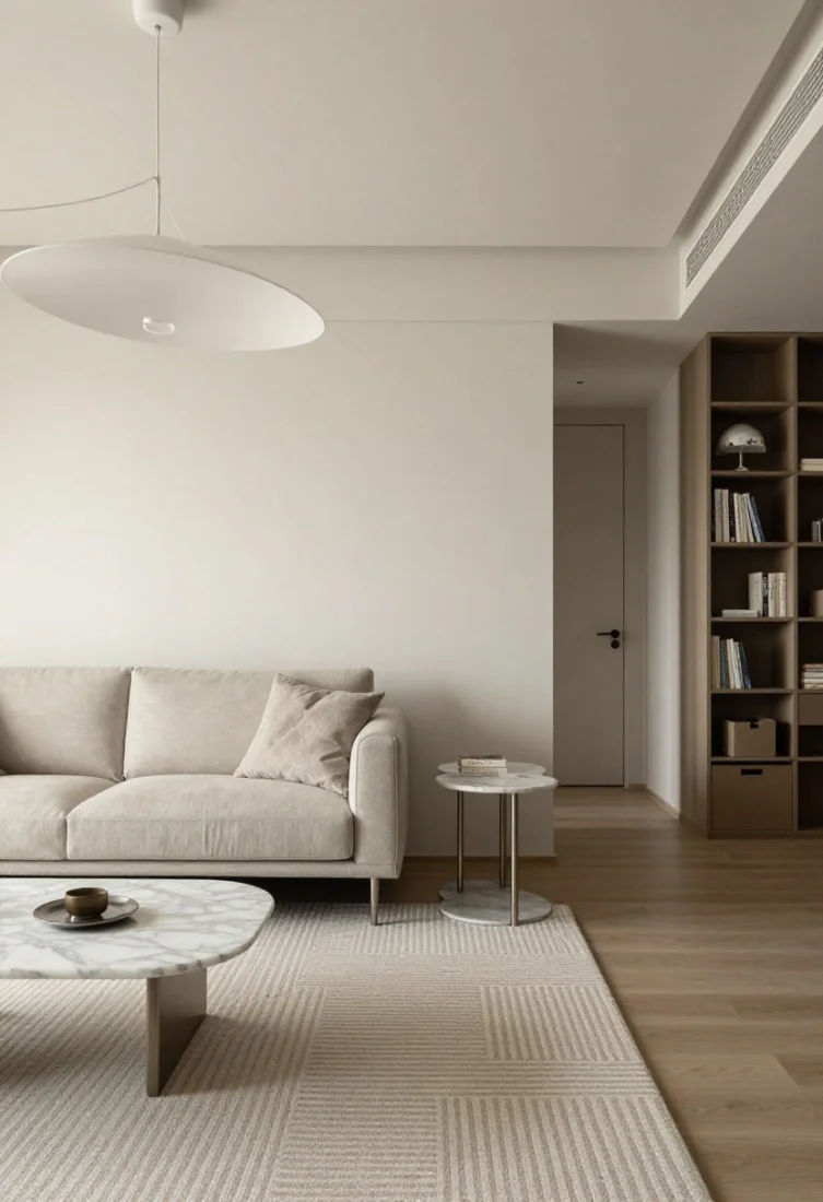 Medium shot, micro living: A petite living room with an apartment sofa on slim legs revealing generous floor, flanked by two armless slipper chairs; a nesting set of slim marble side tables that expand for guests; a wall-mounted credenza replacing a media console for lift and lightness; a single oversized yet airy statement ceiling pendant bringing drama without heaviness; palette of soft taupe, cloud gray, ecru, and burnished nickel; tone-on-tone low-pile geometric rug; a vertical bookcase with concealed bins at the base; crisp daylight and refined, minimalist styling with premium finishes.