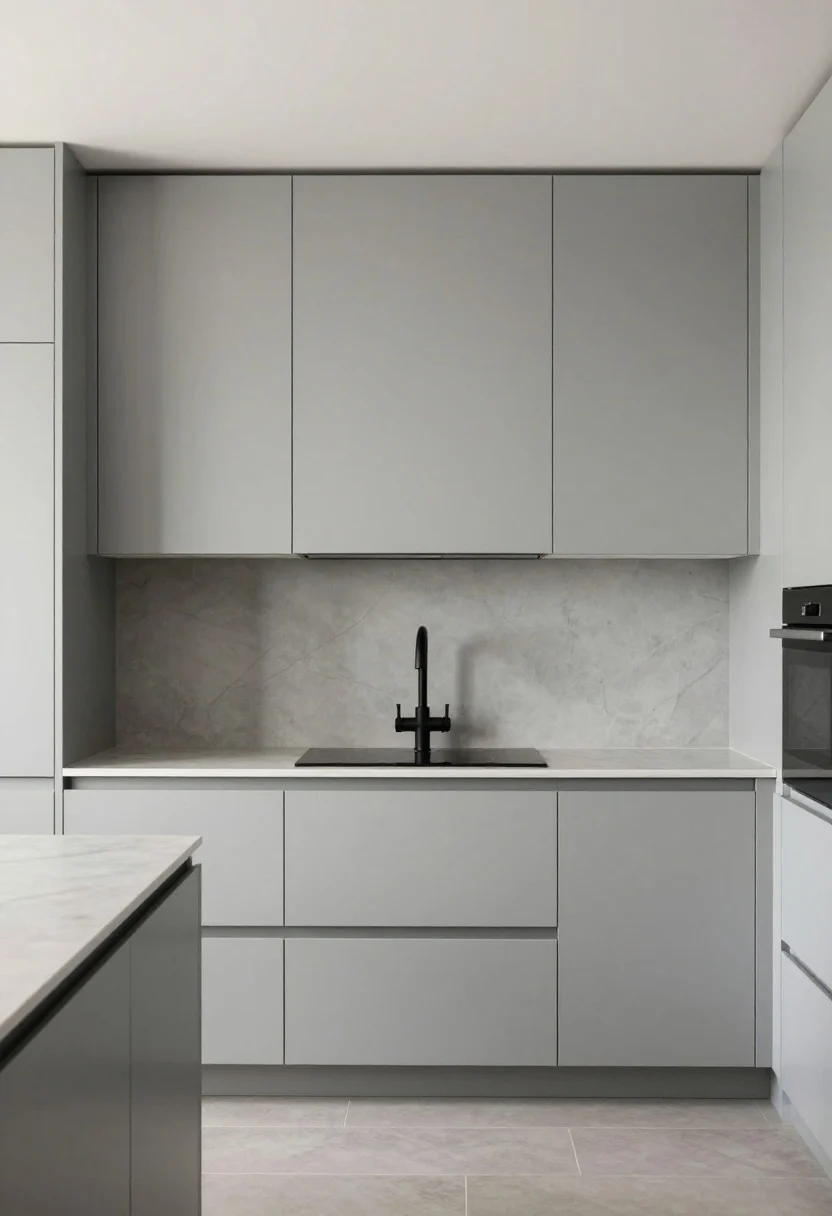 Medium shot, Minimalist Monochrome With Hidden Lines: greige-on-greige kitchen where flat-panel cabinets, counters, and a painted-to-match hood blend seamlessly; large-format porcelain slab backsplash with minimal grout lines; integrated finger pulls and counter-depth fridge with cabinet panels; matte black faucet as the only contrast; track lighting washing the cabinet faces evenly; walls and trim painted the same greige for a wrapped effect; quiet, calming ambiance, straight-on view, photorealistic.